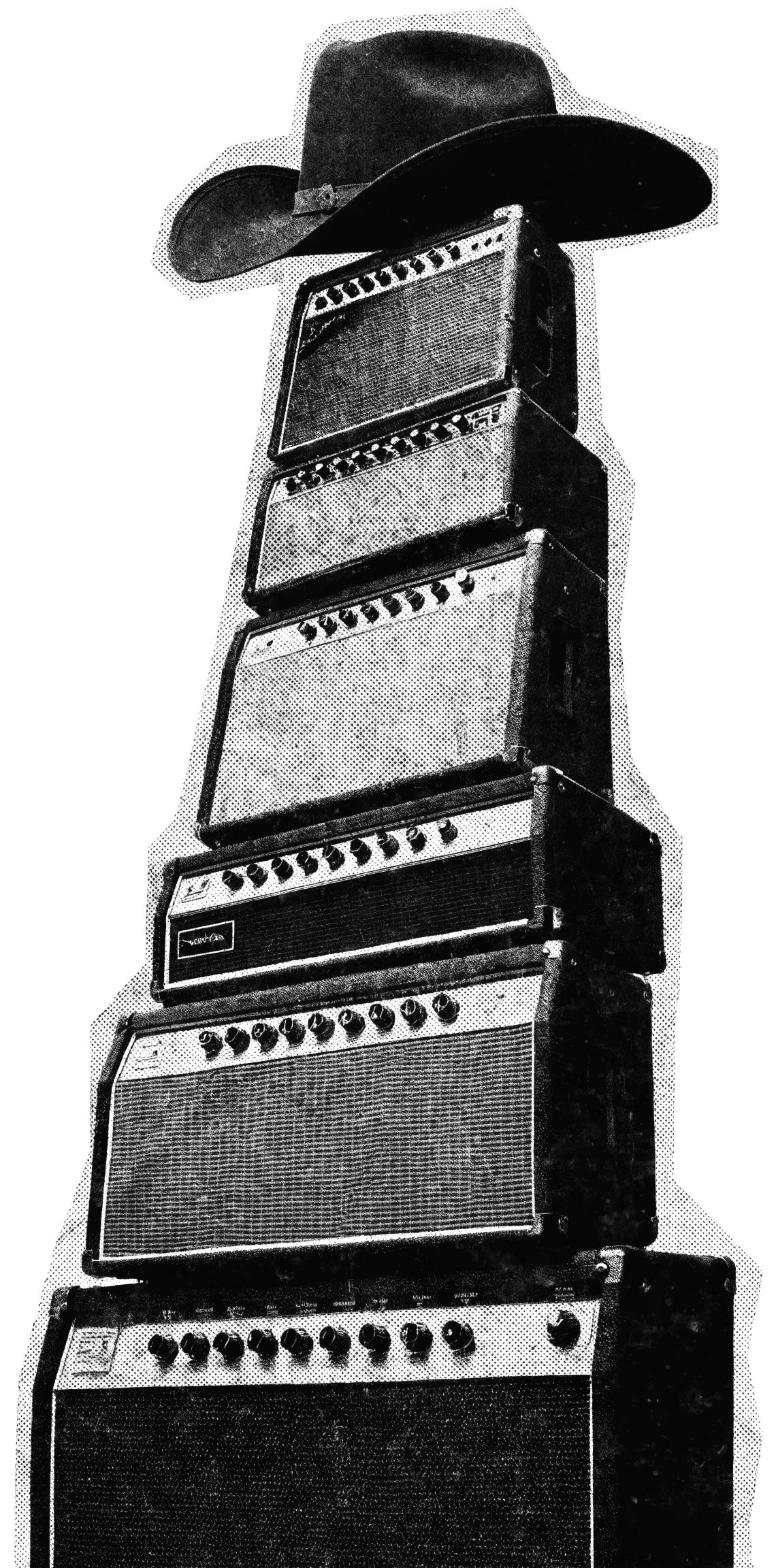 A tower of vintage guitar amplifiers with a cowboy hat on top