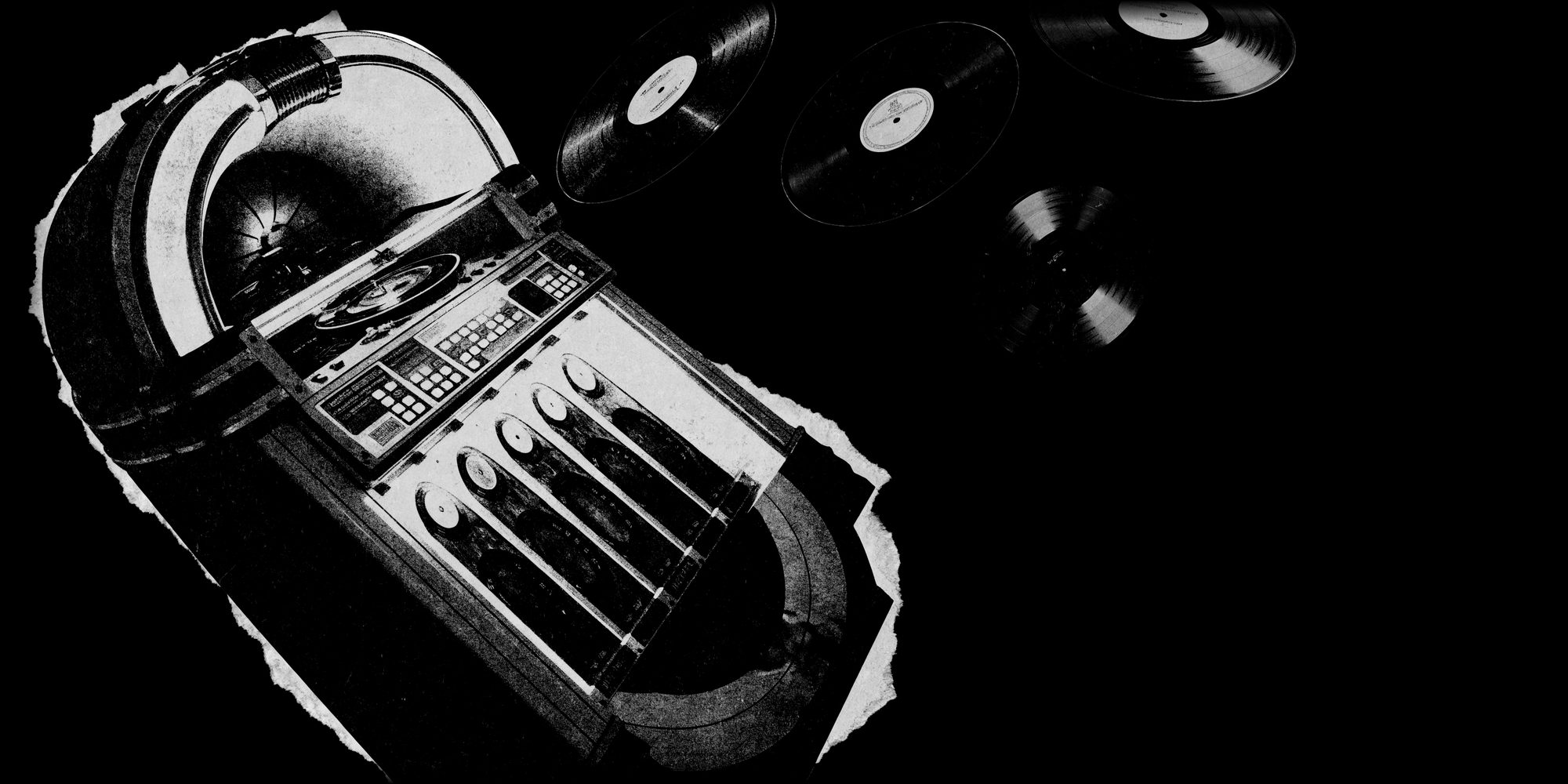 A vintage jukebox and floating records, rendered as a torn-paper collage